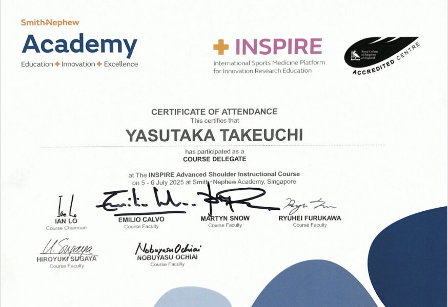 竹内医師がシンガポールで行われたINSPIRE Advanced Shoulder Instructional Courseに参加しました
