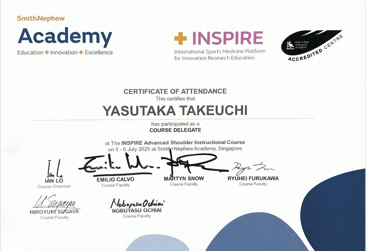 竹内医師がシンガポールで行われたINSPIRE Advanced Shoulder Instructional Courseに参加しました